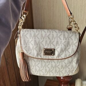 Michael Kors Cream and Tan Signature Logo Crossbody with Tassel